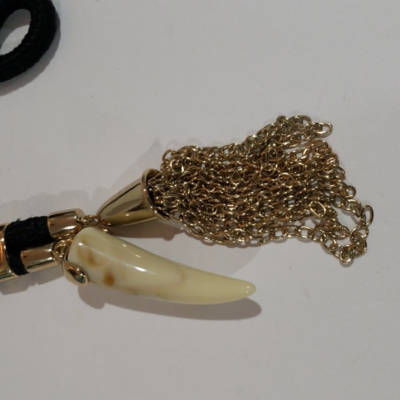 Edgy Gold Black Cord Necklace – Tassel & Faux Tooth Pendant Statement Jewelry - Picture 7 of 9